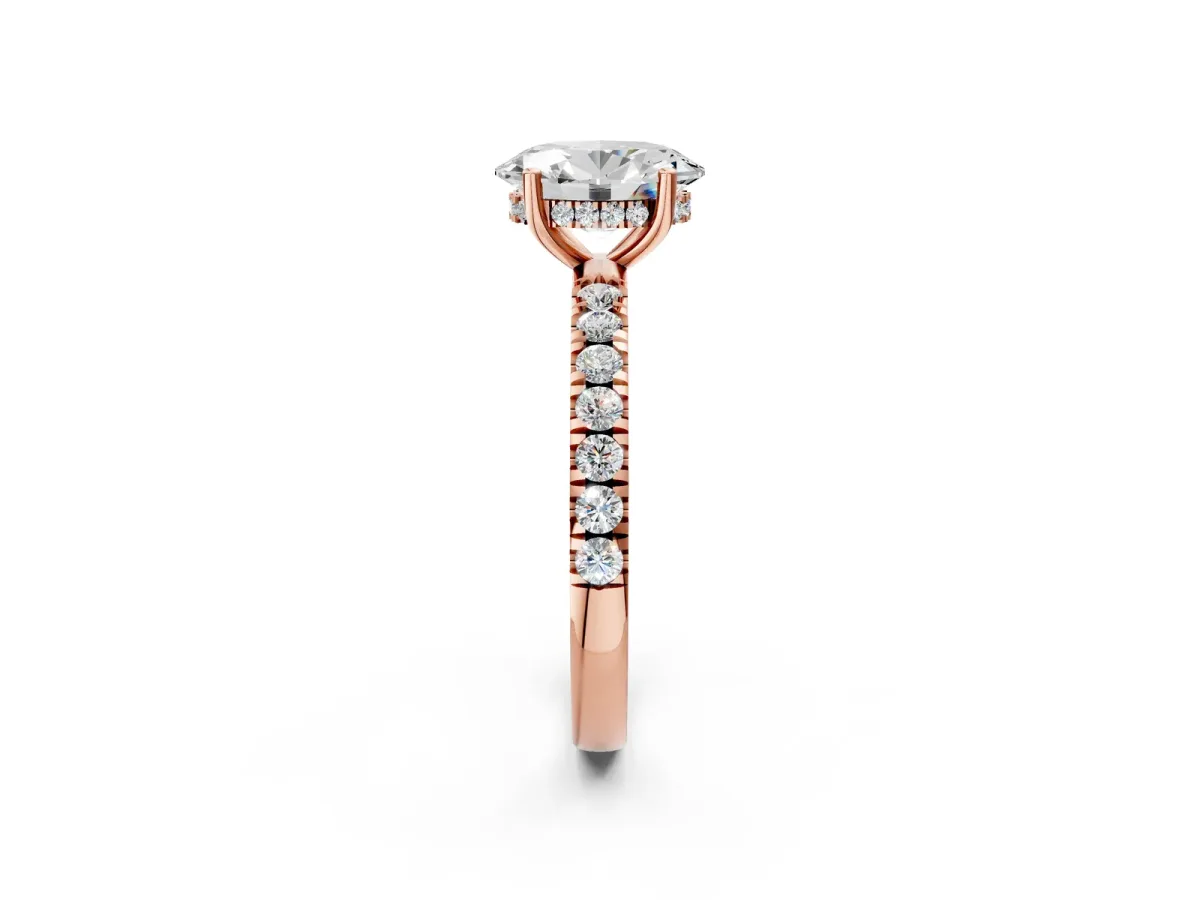Oval Cut Diamond Pave Band Solitaire Ring with Round and Prong Setting Rose gold