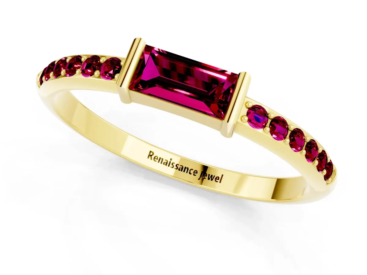 Baguette Garnet Pavé Band with Bar Setting Yellow gold