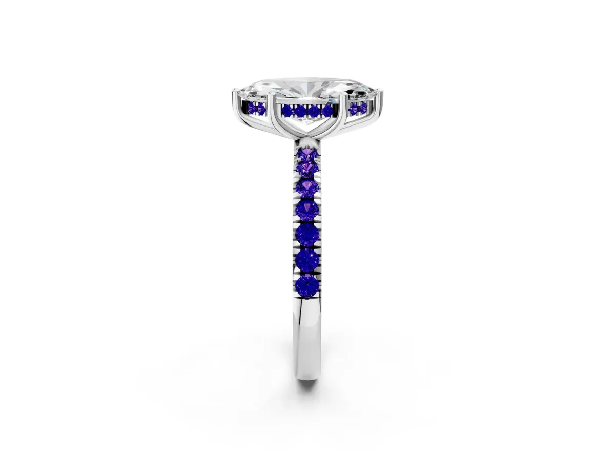 Marquise Cut Diamond Pave Band Solitaire Ring with Round Tanzanite and Prong Setting White gold
