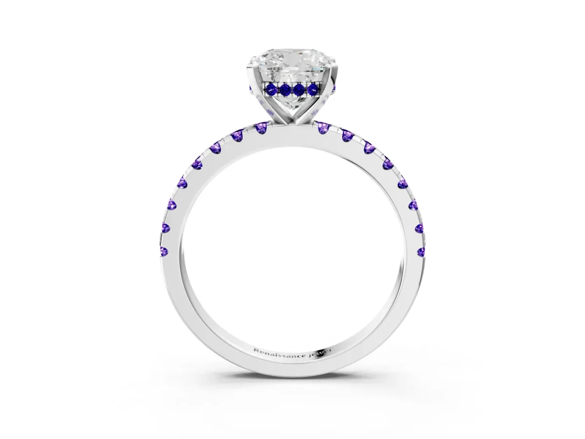 Cushion Cut Diamond Solitaire Ring with Round Tanzanite Pavé Band and Four-Prong Setting Silver