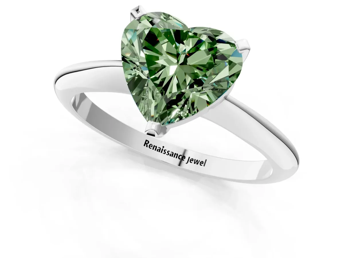 Fancy Green Heart Cut Diamond Solitaire Engagement Ring with Classic Band and Four-Prong Setting Silver