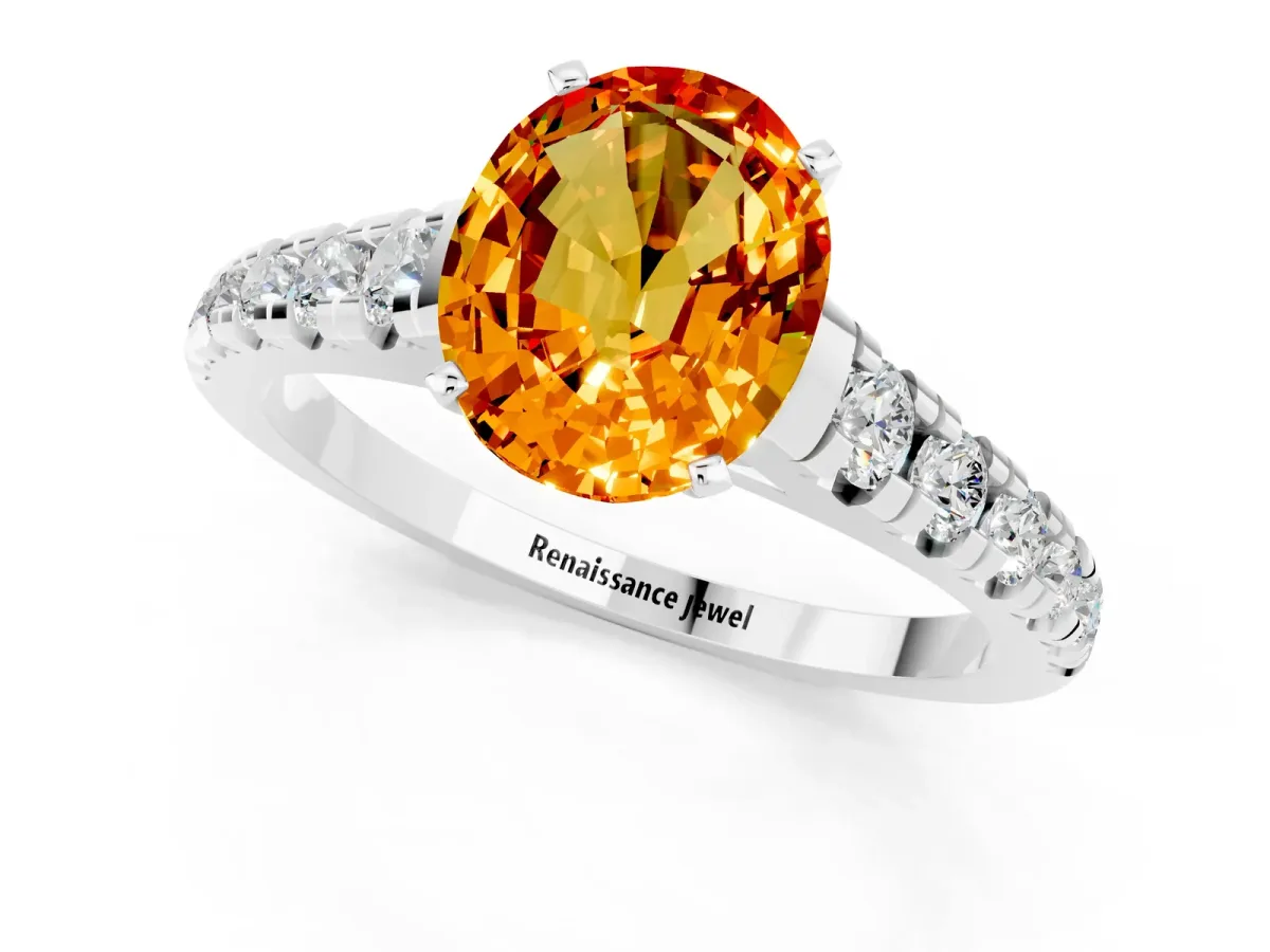Oval Cut Citrine Cathedral Solitaire Ring with Round Pavé Band White gold