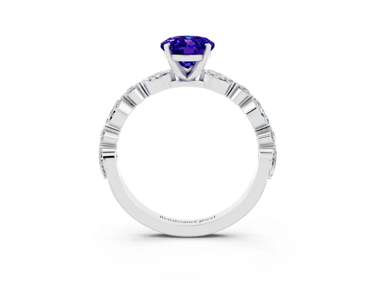 Oval Cut Tanzanite Ring with Marquise and Round Side Stones and Four-Prong Setting Silver