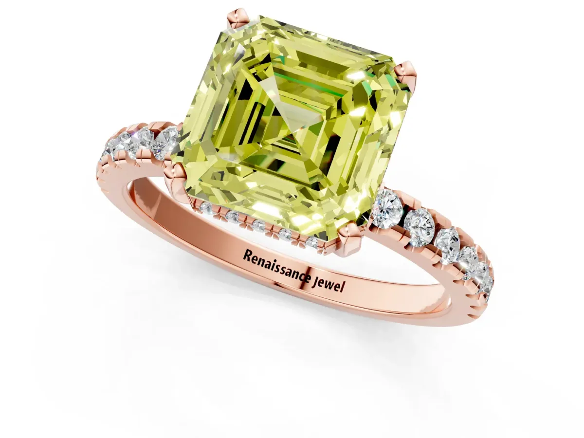 Fancy Yellow Asscher Cut Diamond Solitaire Ring with Round Pavé Band and Four-Prong Setting Rose gold