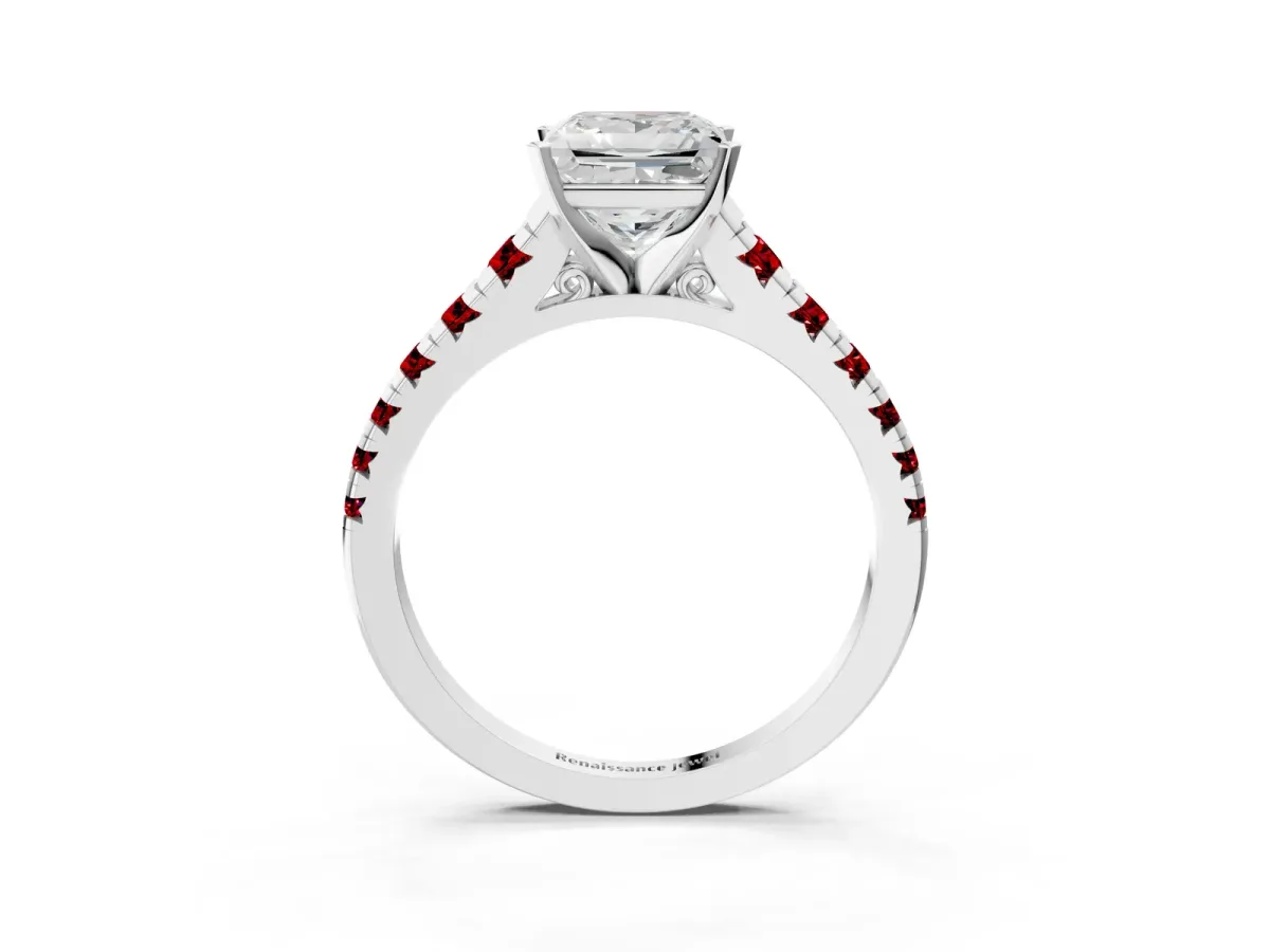 Princess Cut Diamond Cathedral Solitaire Ring with Round Ruby Pavé Band Platinum