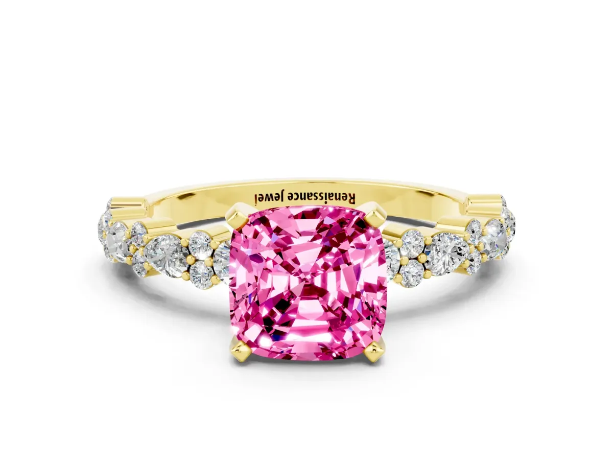 Cushion Cut Pink Sapphire Side Stone Solitaire Ring with Round and Four-Prong Setting Yellow gold