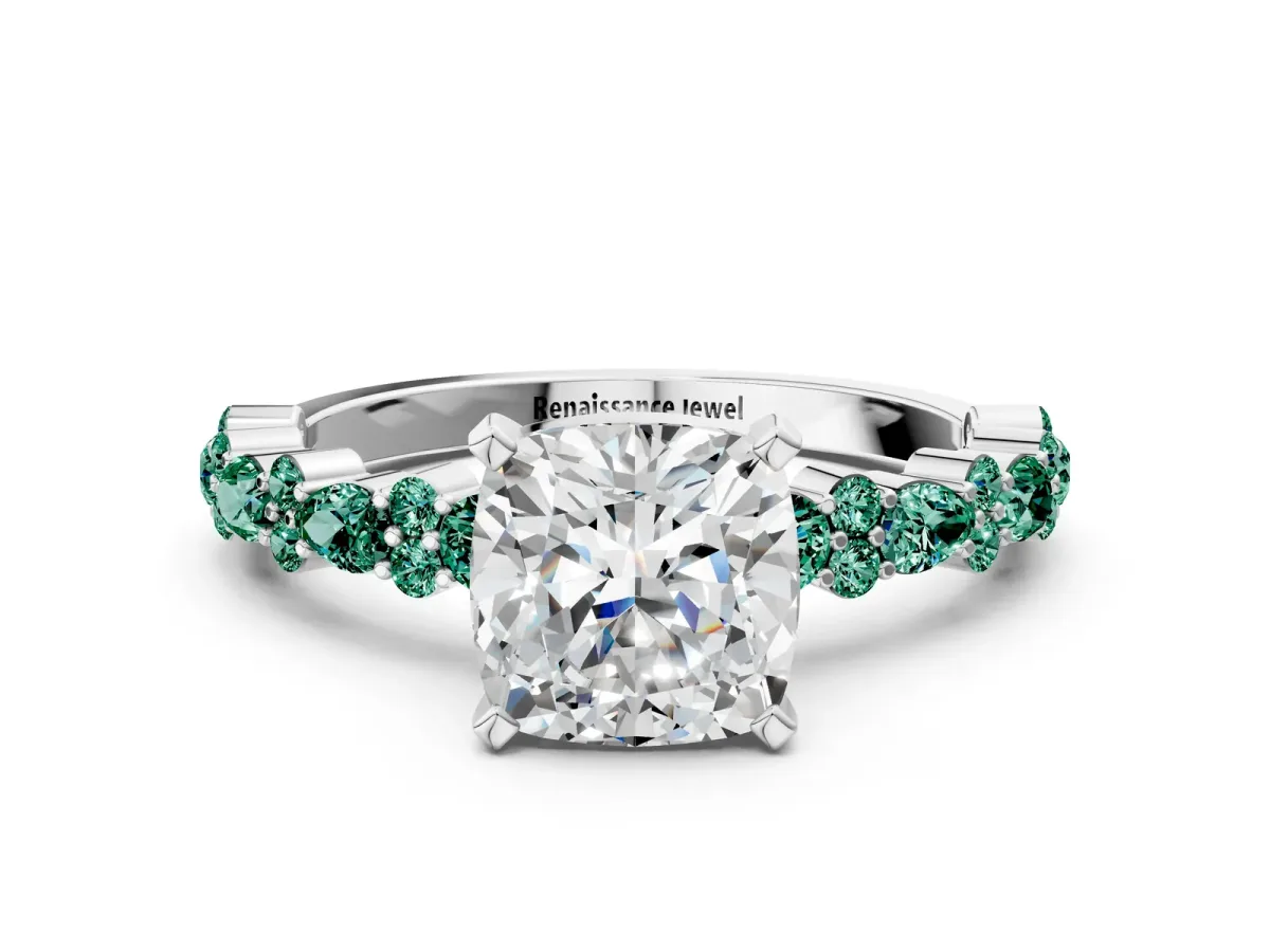 Cushion Cut Diamond Side Stone Solitaire Ring with Round Green Sapphire and Four-Prong Setting Platinum