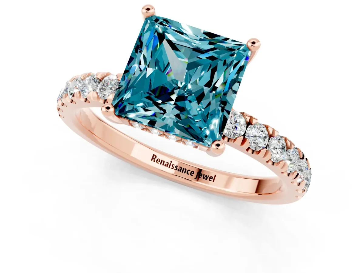 Princess Cut Blue Topaz Pave Band Solitaire Ring with Round and Prong Setting Rose gold