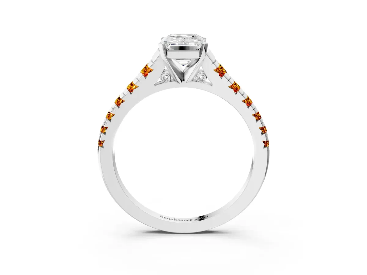 Emerald Cut Diamond Cathedral Solitaire Ring with Round Citrine Pavé Band Platinum