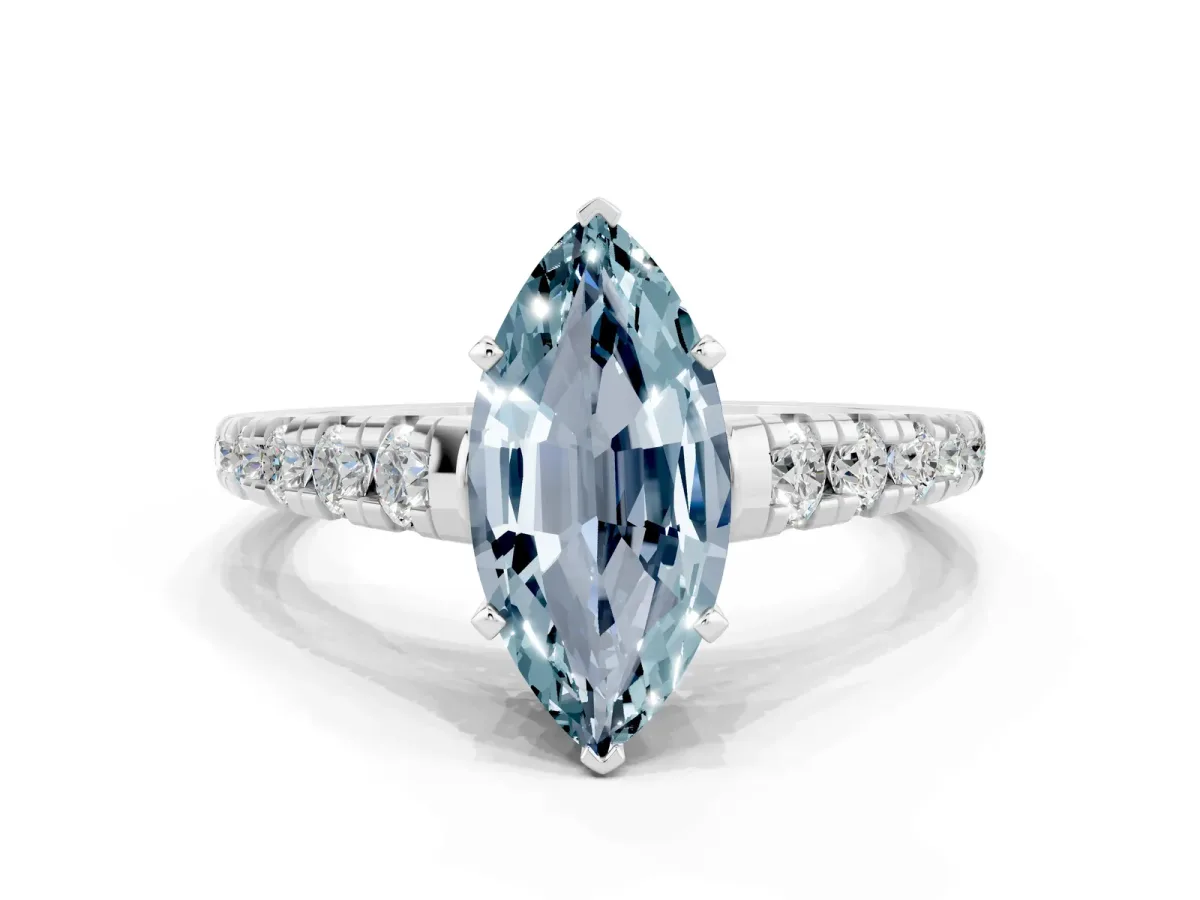 Marquise Cut Aquamarine Cathedral Solitaire Ring with Round Pavé Band Silver