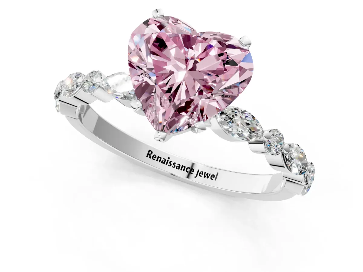 Fancy Pink Heart Cut Diamond Ring with Marquise and Round Side Stones and Four-Prong Setting Silver