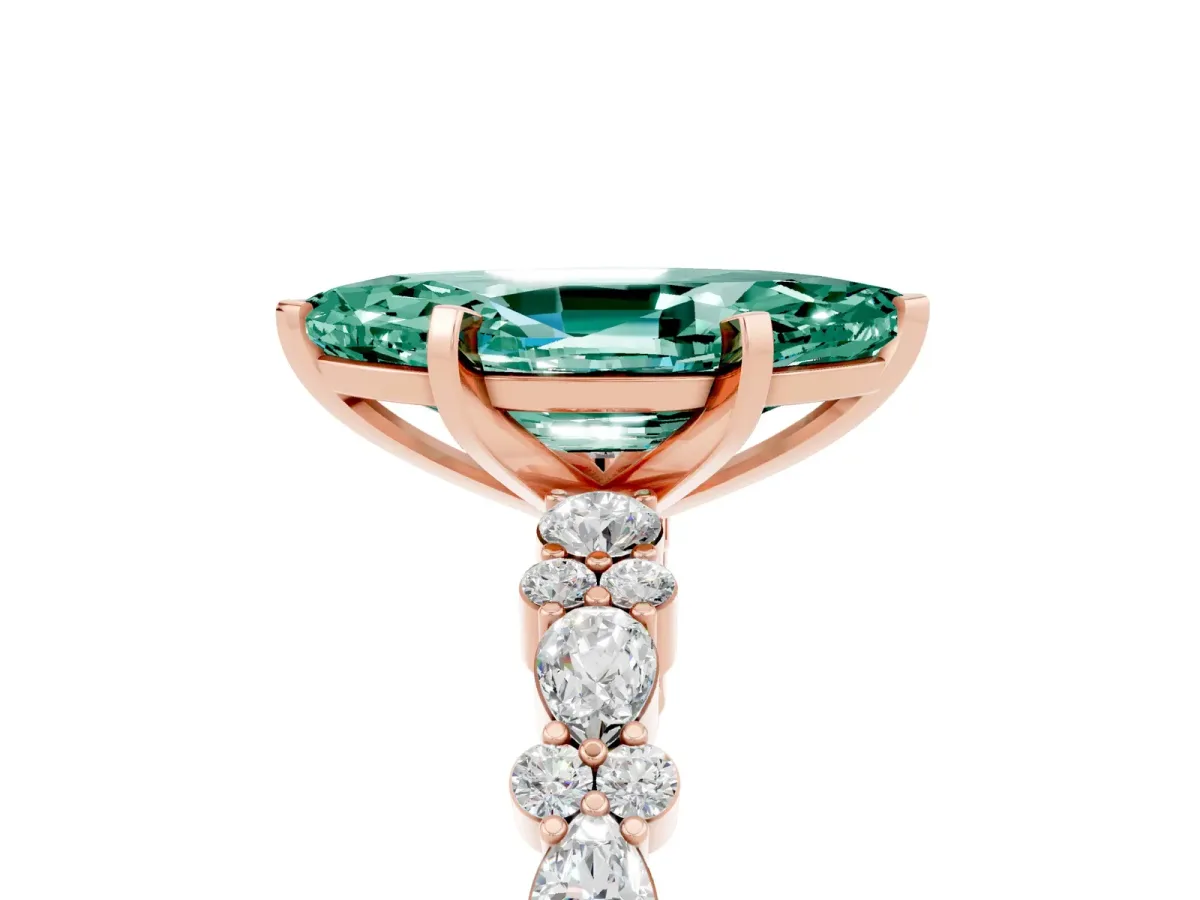 Marquise Cut Green Sapphire Side Stone Solitaire Ring with Round and Four-Prong Setting Rose gold