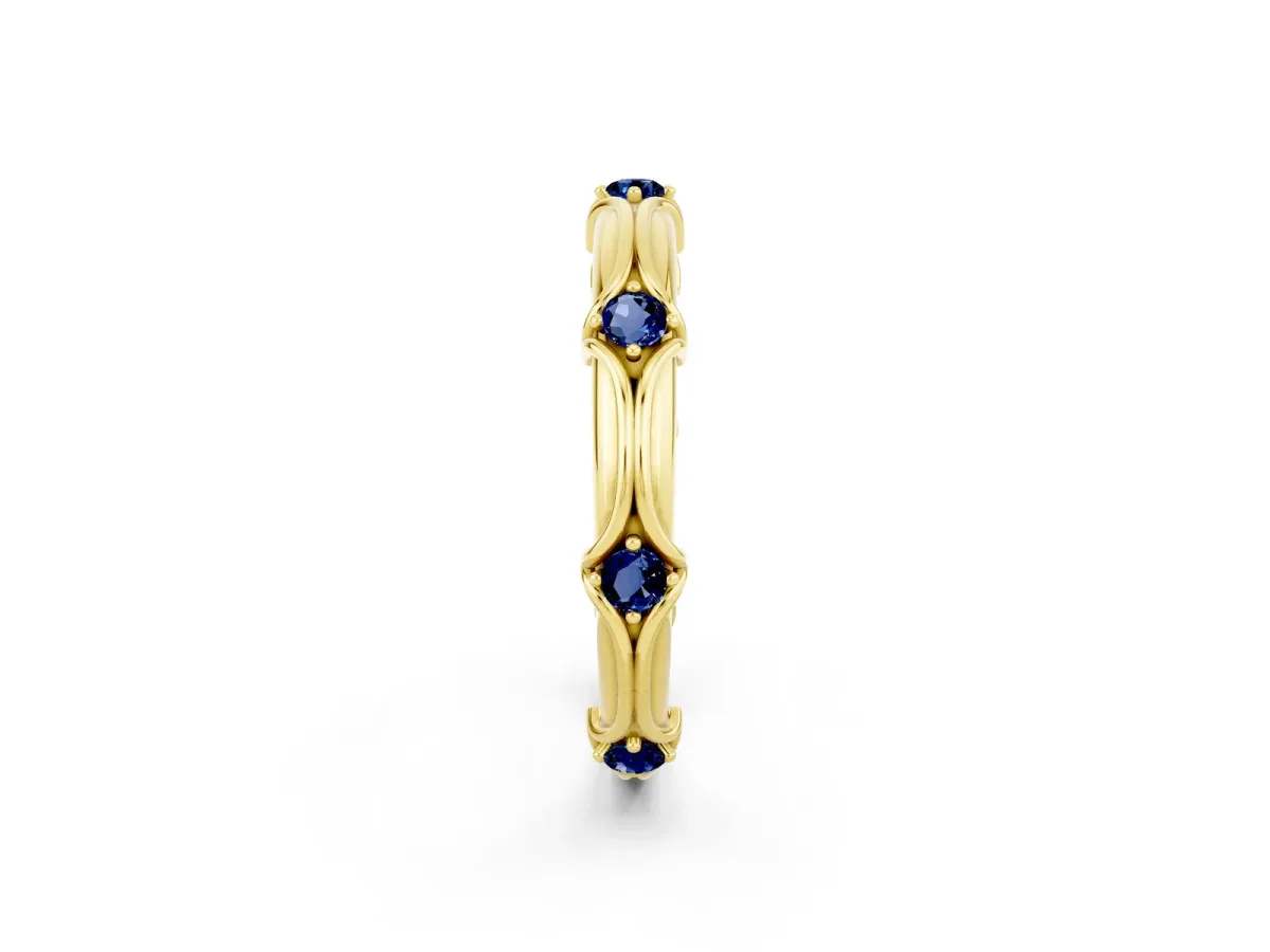 Round Blue Sapphire Prong Set Milgrain Eternity Band Yellow gold
