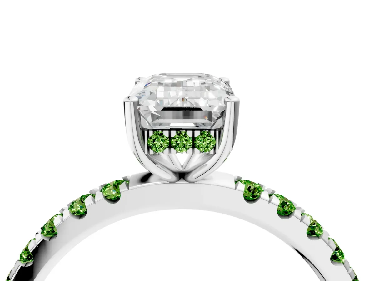 Emerald Cut Diamond Pave Band Solitaire Ring with Round Peridot and Prong Setting Platinum