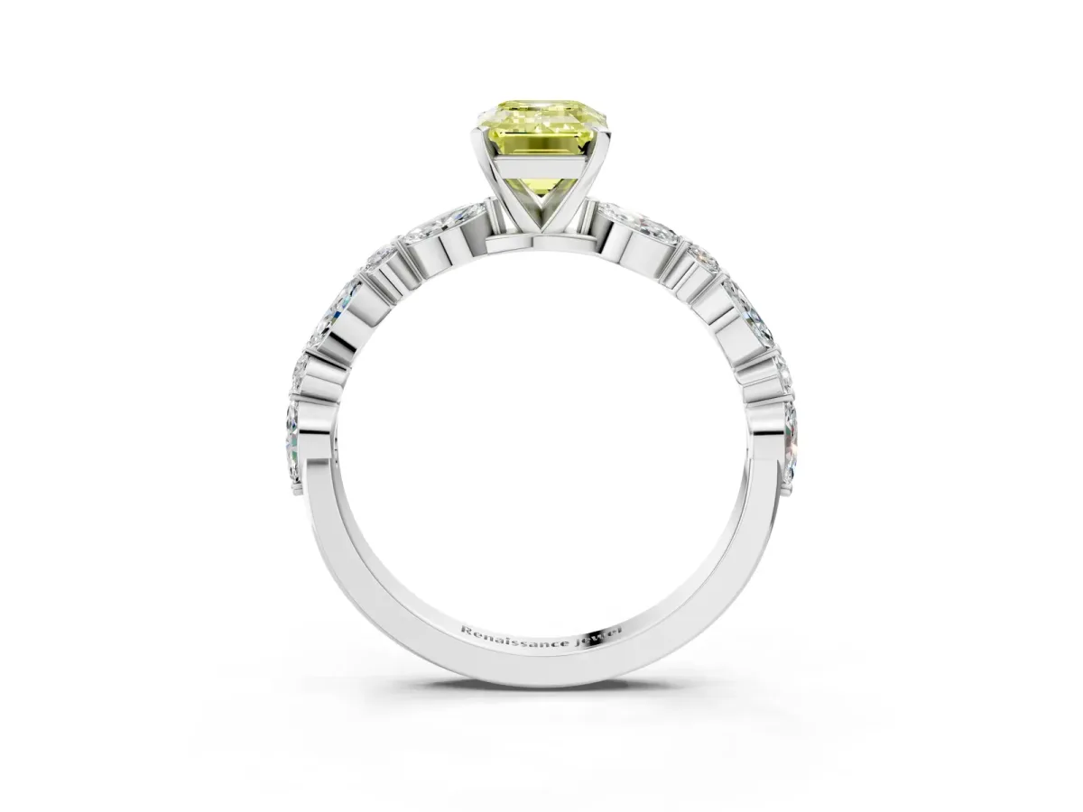 Fancy Yellow Emerald Cut Diamond Ring with Marquise and Round Side Stones and Four-Prong Setting Silver