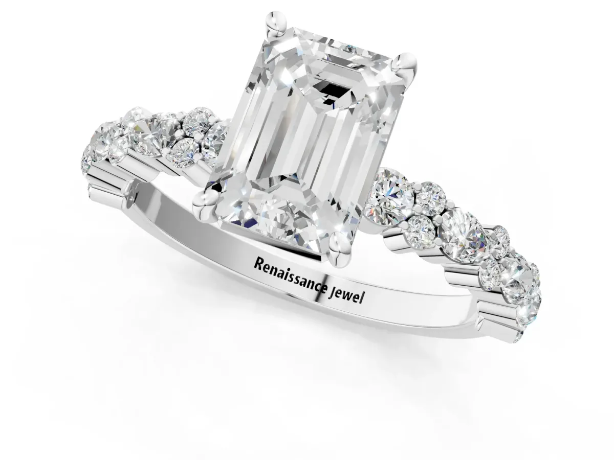 Emerald Cut Diamond Side Stone Solitaire Ring with Round Moissanite and Four-Prong Setting Platinum
