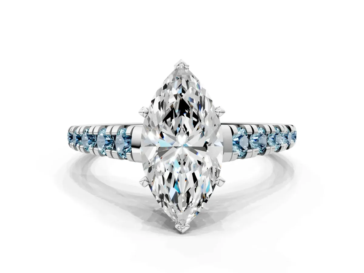 Marquise Cut Diamond Cathedral Solitaire Ring with Round Aquamarine Pavé Band Silver