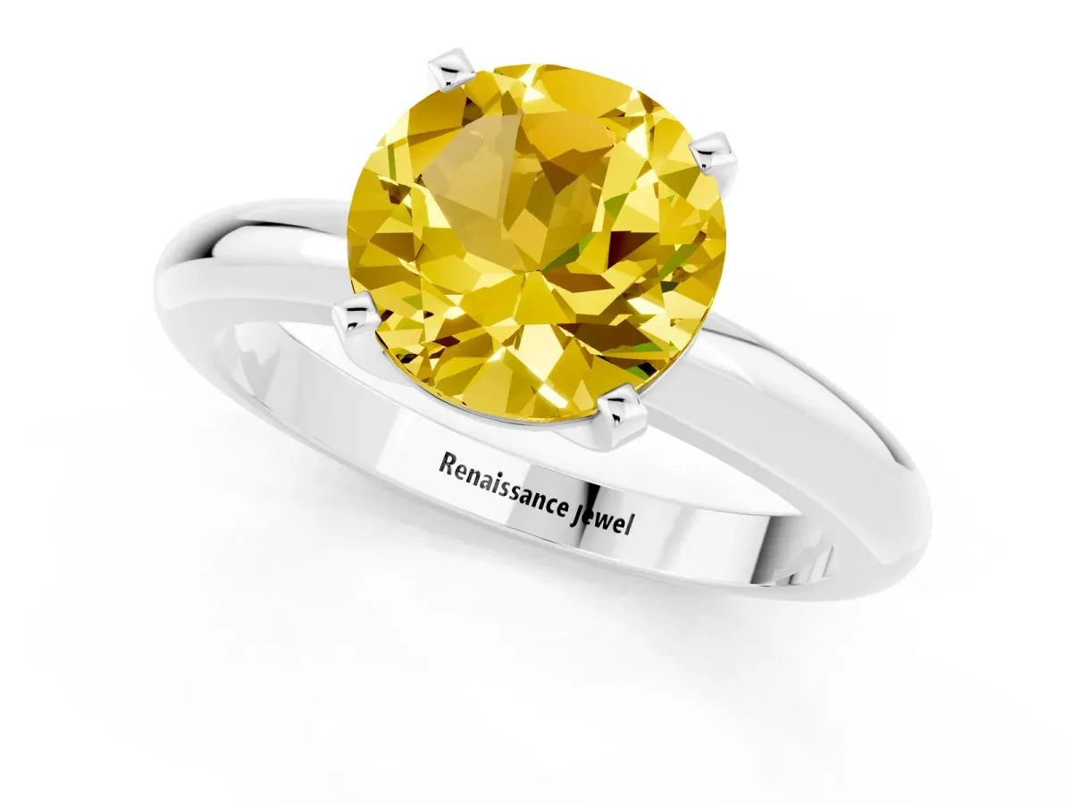 Round Cut Yellow Sapphire Solitaire Engagement Ring with Round Band and Four-Prong Setting Silver