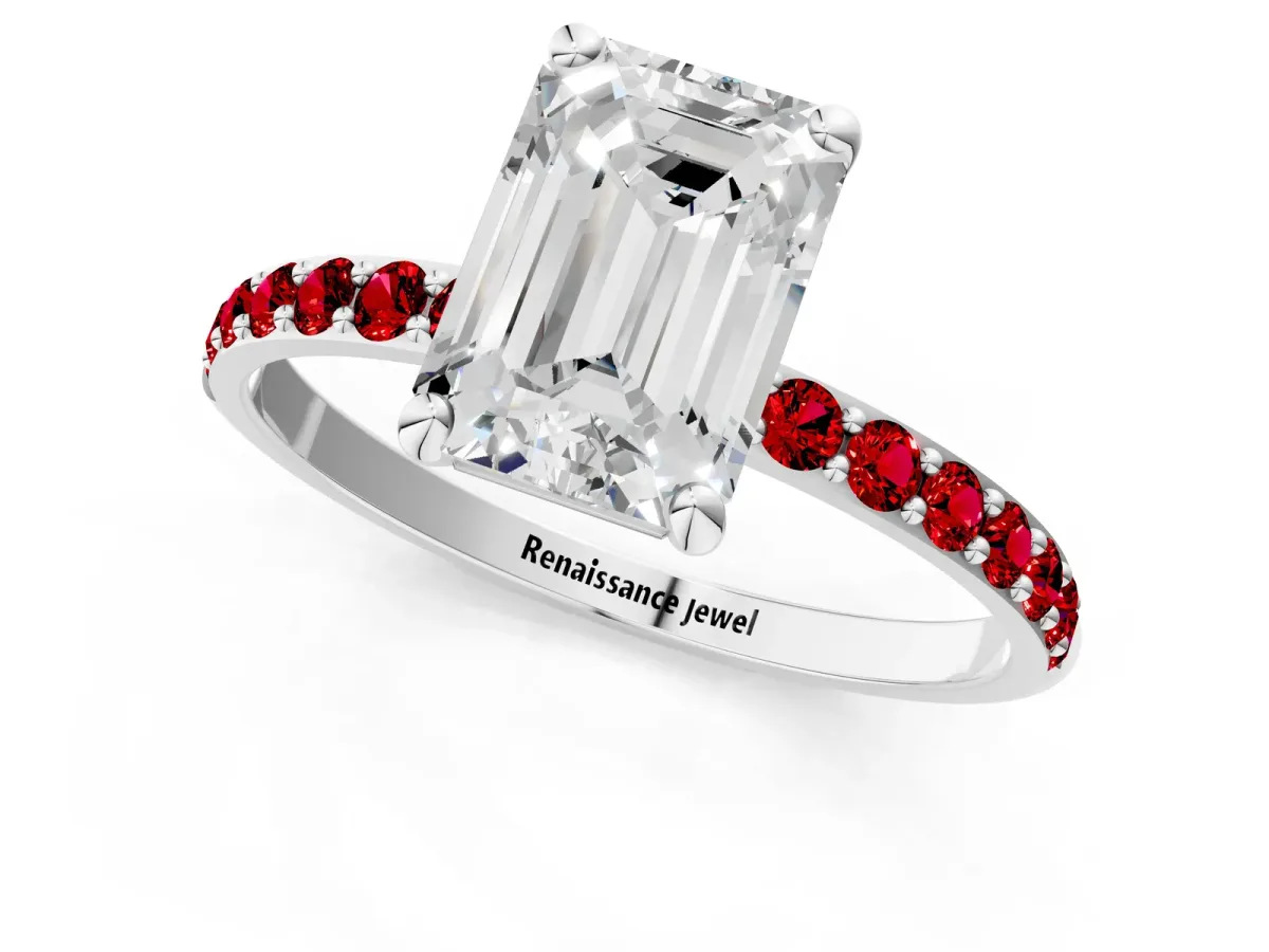 Emerald Cut Diamond Solitaire Ring with Round Ruby Pavé Band and Prong Setting Silver