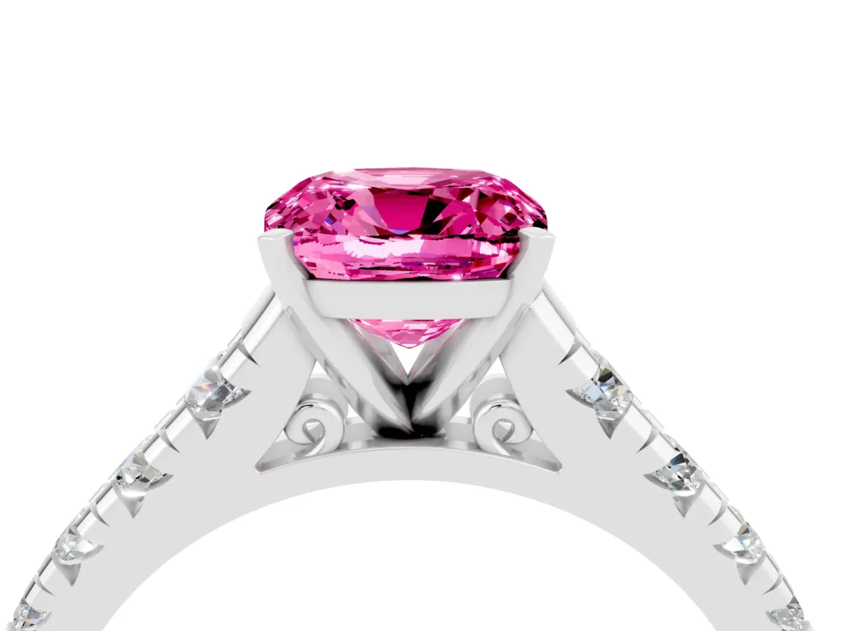 Cushion Cut Pink Sapphire Cathedral Solitaire Ring with Round Pavé Band Platinum