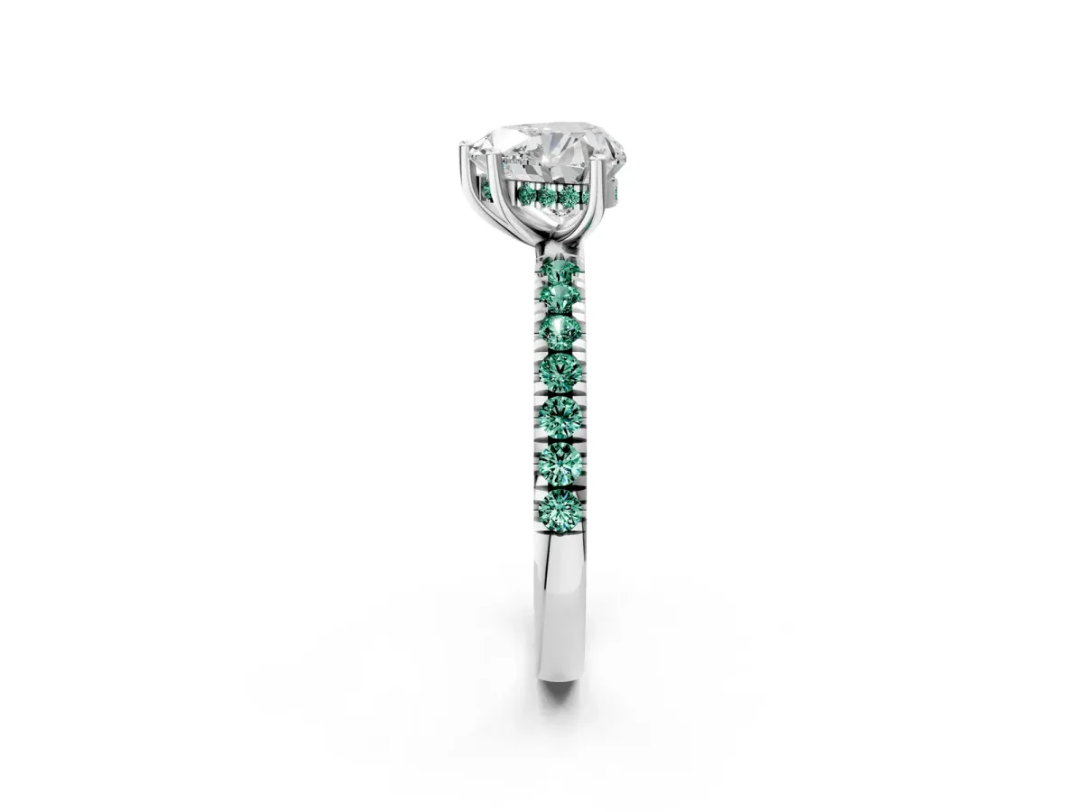 Heart Cut Diamond Pave Band Solitaire Ring with Round Green Sapphire and Prong Setting White gold