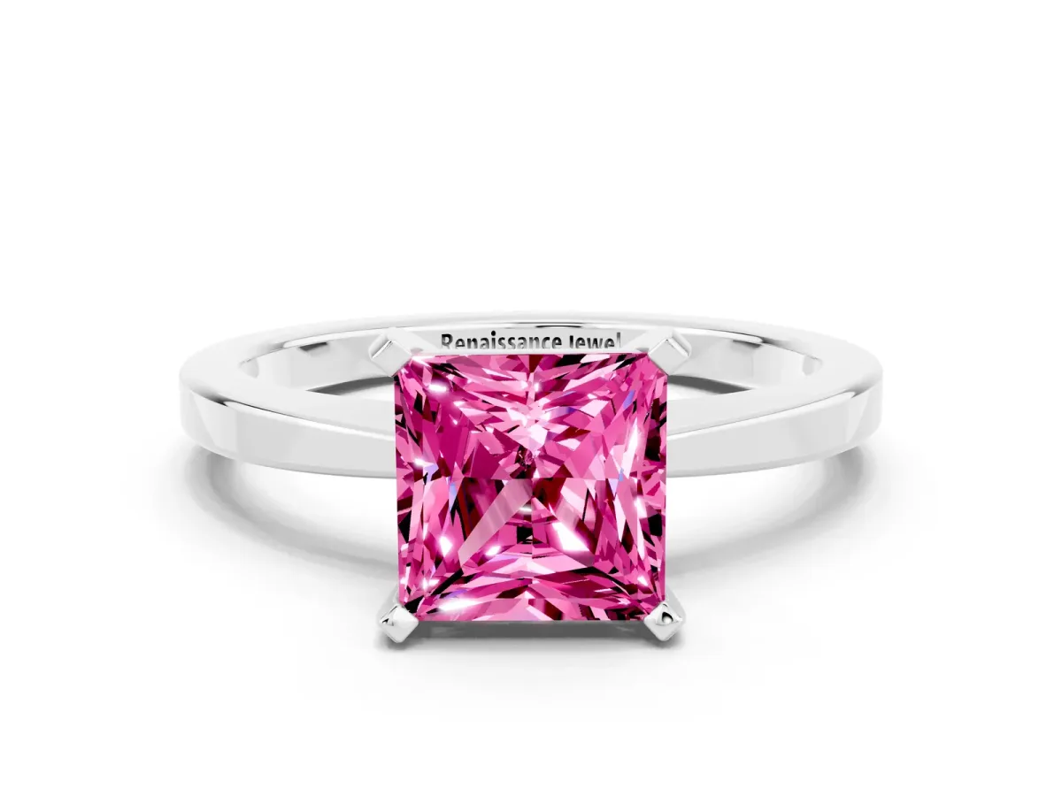 Princess Cut Pink Sapphire Solitaire Engagement Ring with Classic Band and Four-Prong Setting Silver