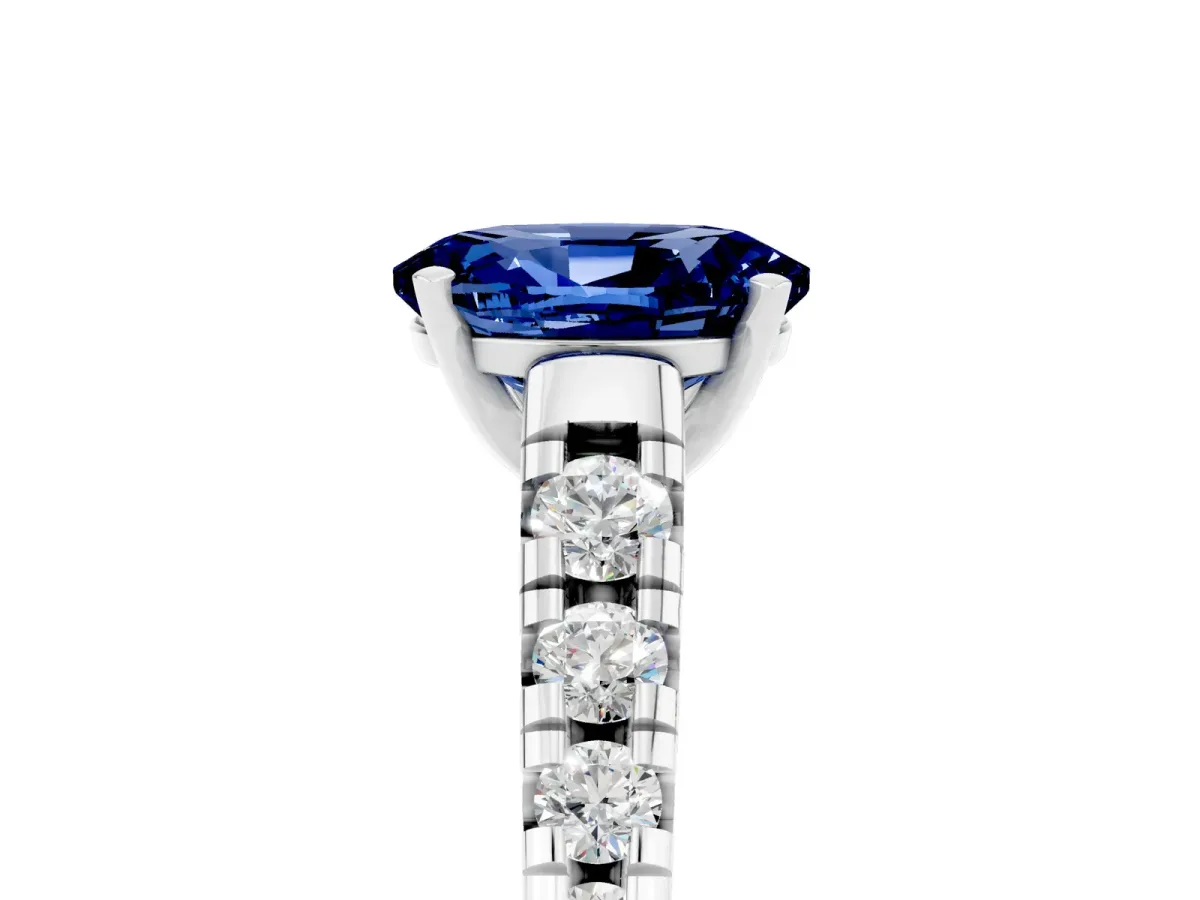 Oval Cut Blue Sapphire Cathedral Solitaire Ring with Round Pavé Band White gold