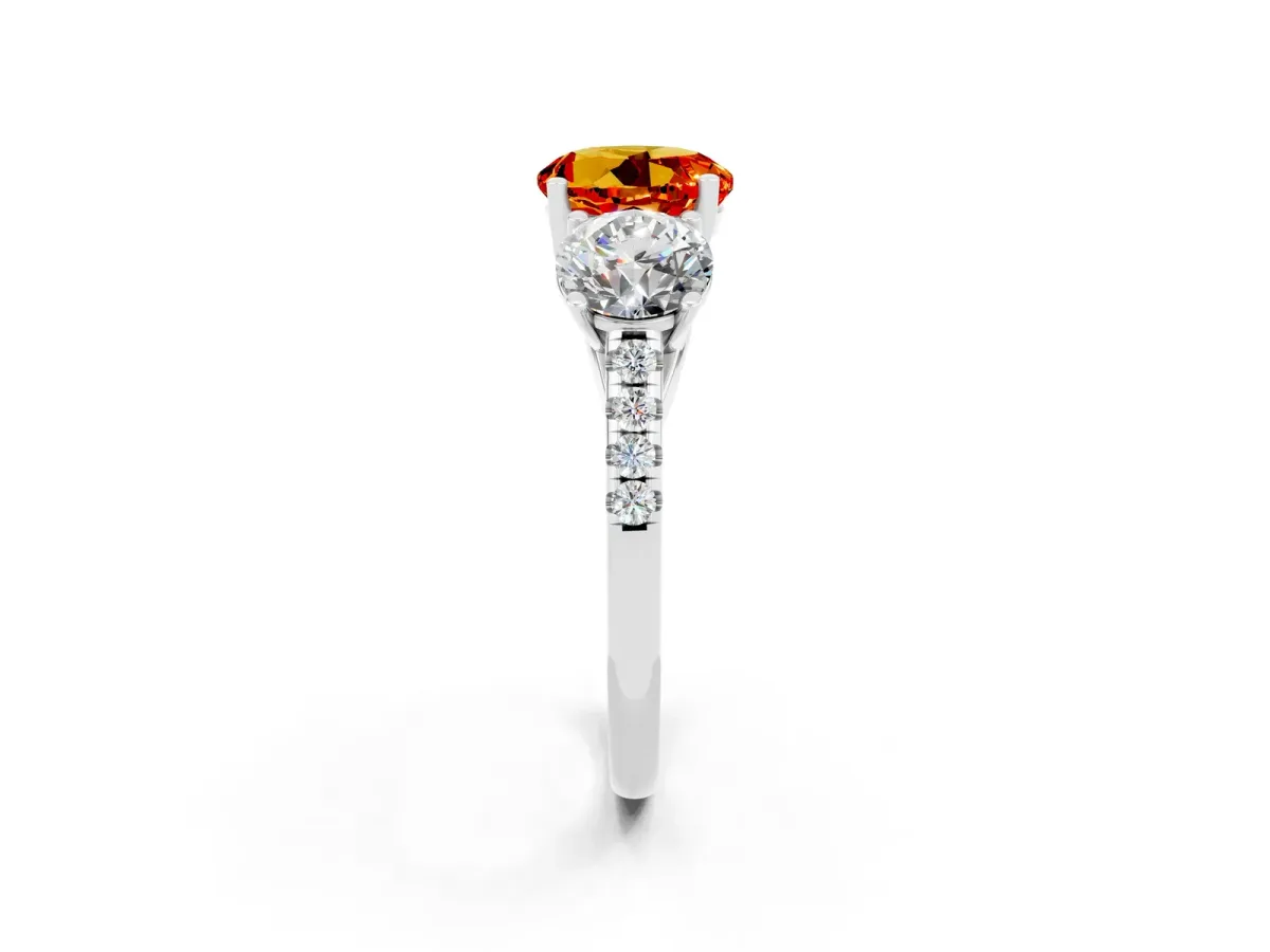 Three-Stone Round Cut Citrine Ring with Round Pavé Band and Prong Setting Silver