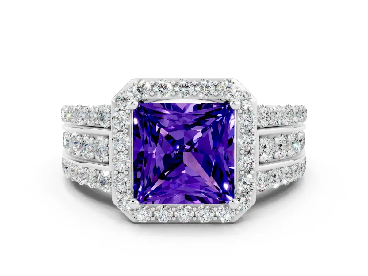 Princess Cut Halo Tanzanite Ring with Round Split Shank and Prong Setting Silver
