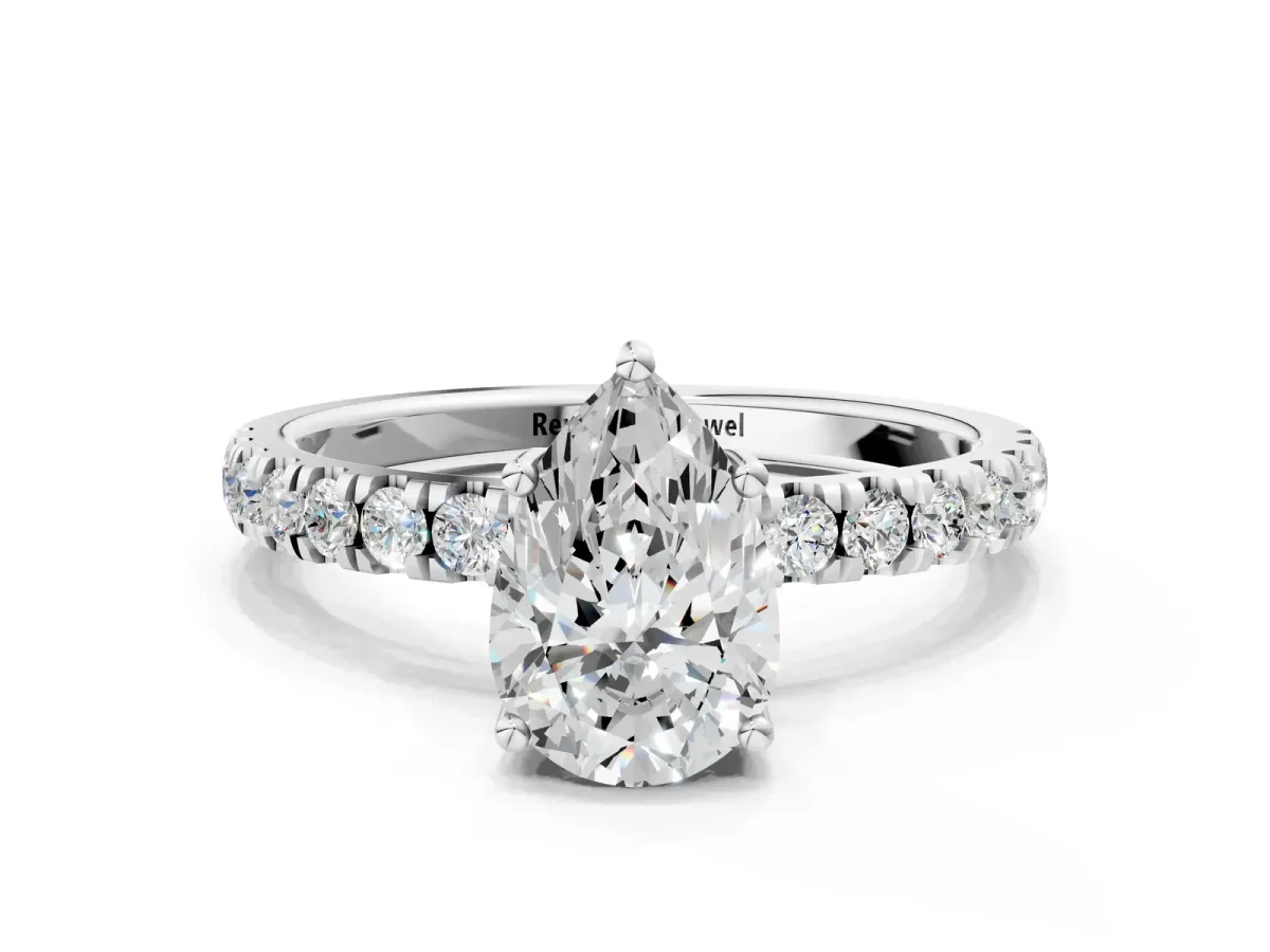Pear Cut Diamond Pave Band Solitaire Ring with Round Moissanite and Prong Setting White gold