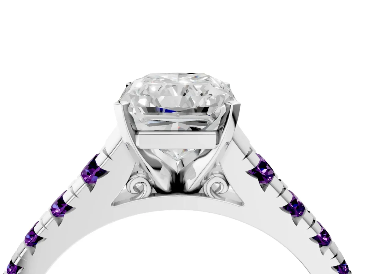 Radiant Cut Diamond Cathedral Solitaire Ring with Round Amethyst Pavé Band White gold