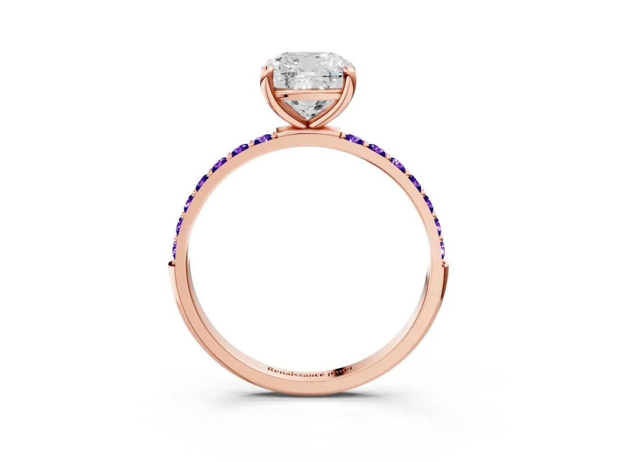 Cushion Cut Diamond Solitaire Ring with Round Tanzanite Pavé Band and Prong Setting Rose gold