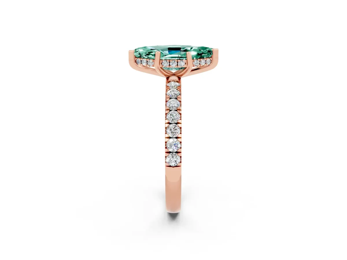 Marquise Cut Green Sapphire Pave Band Solitaire Ring with Round and Prong Setting Rose gold