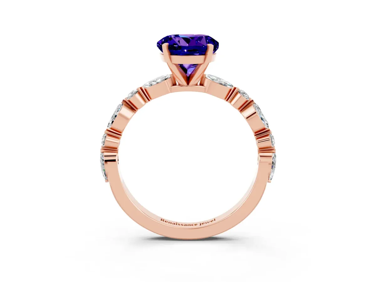 Round Cut Tanzanite Ring with Marquise and Round Side Stones and Four-Prong Setting Rose gold