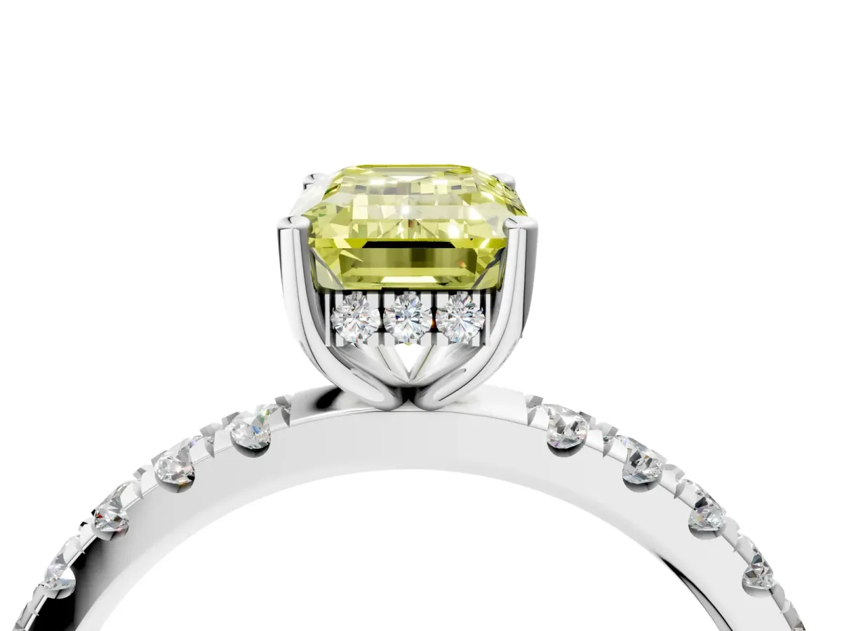 Fancy Yellow Emerald Cut Diamond Pave Band Solitaire Ring with Round and Prong Setting Silver