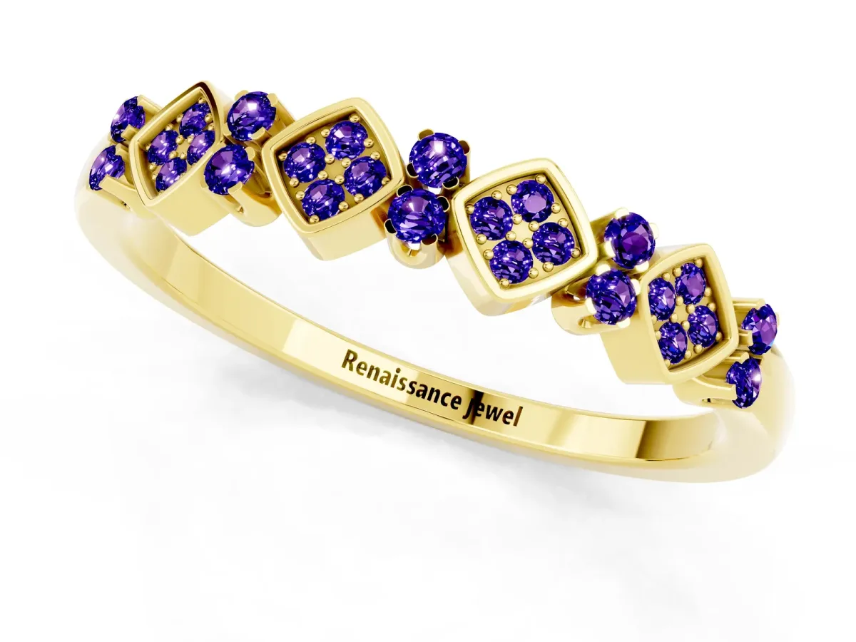 Pavé Cushion Tanzanite Cluster Eternity Band with Prong Setting Yellow gold