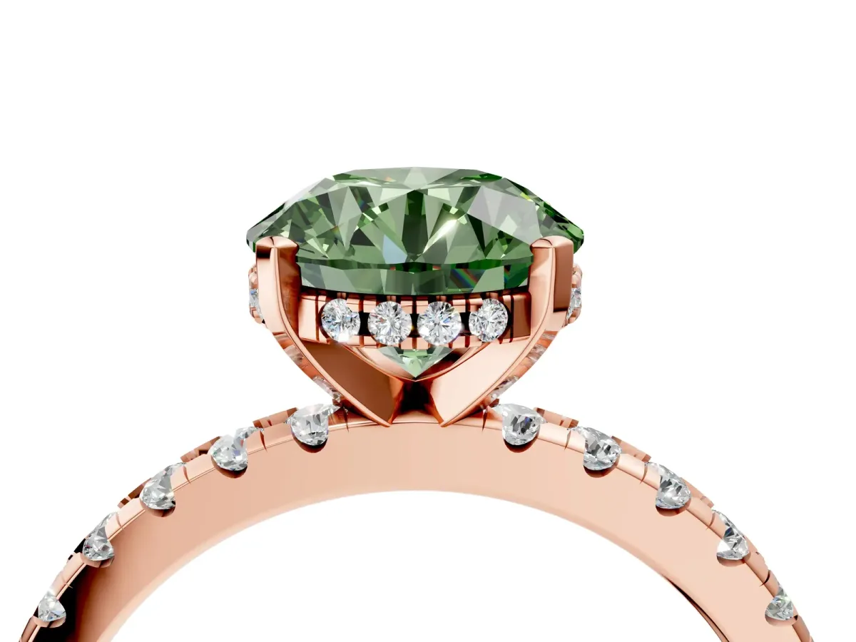 Fancy Green Round Cut Diamond Solitaire Ring with Round Pavé Band and Four-Prong Setting Rose gold