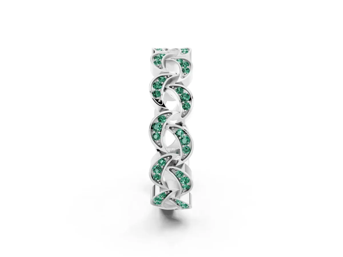 Pavé Round Green Sapphire Interlocking Eternity Band with Bezel Prong Setting Platinum
