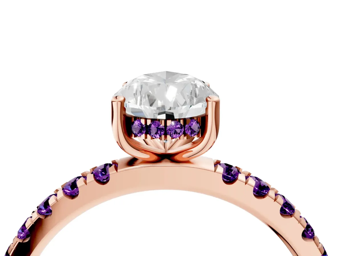 Pear Cut Diamond Pave Band Solitaire Ring with Round Amethyst and Prong Setting Rose gold