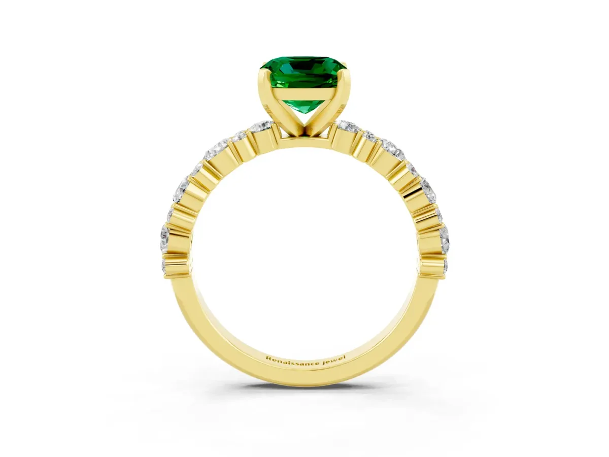 Cushion Cut Emerald Side Stone Solitaire Ring with Round and Four-Prong Setting Yellow gold