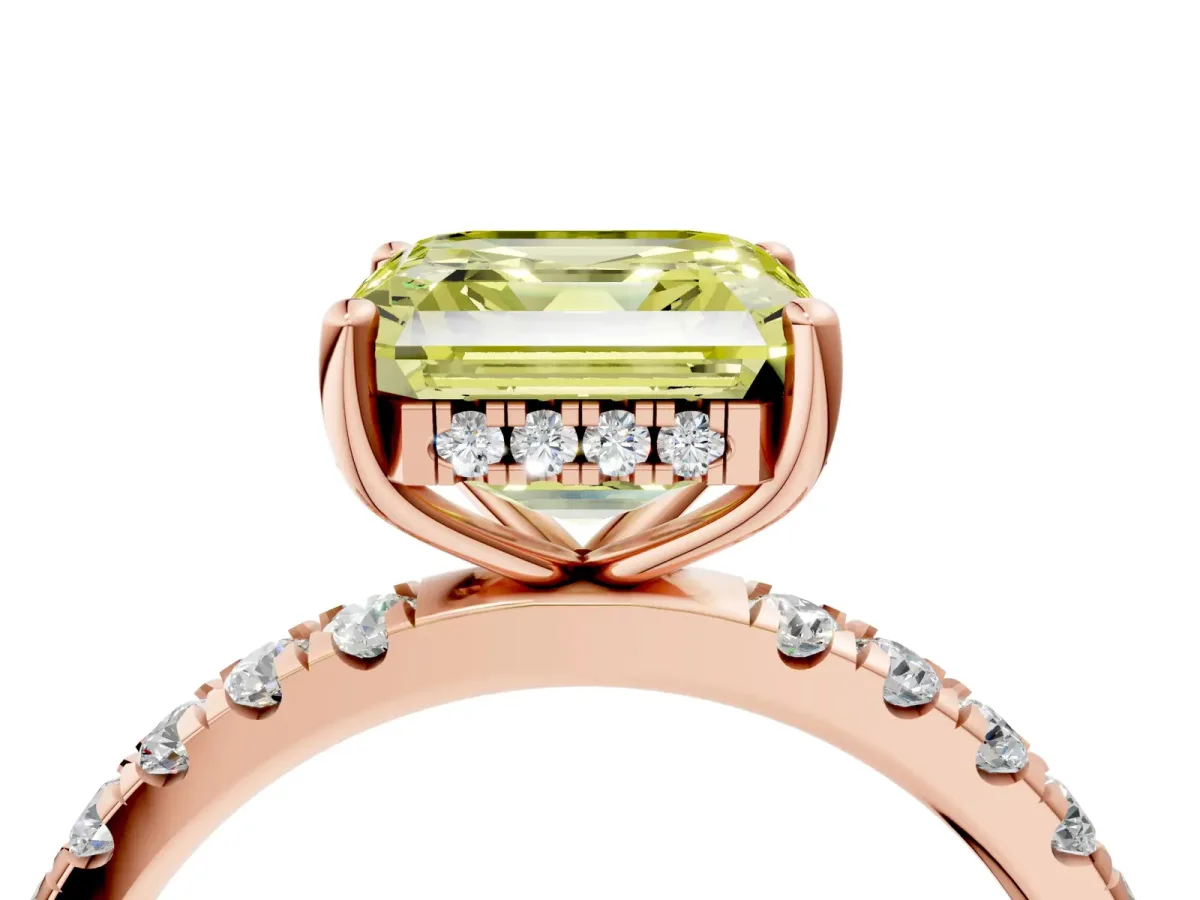 Fancy Yellow Asscher Cut Diamond Pave Band Solitaire Ring with Round and Prong Setting Rose gold