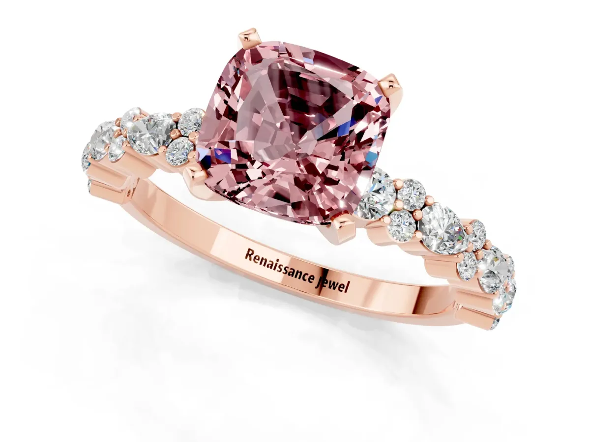 Cushion Cut Morganite Side Stone Solitaire Ring with Round and Four-Prong Setting Rose gold