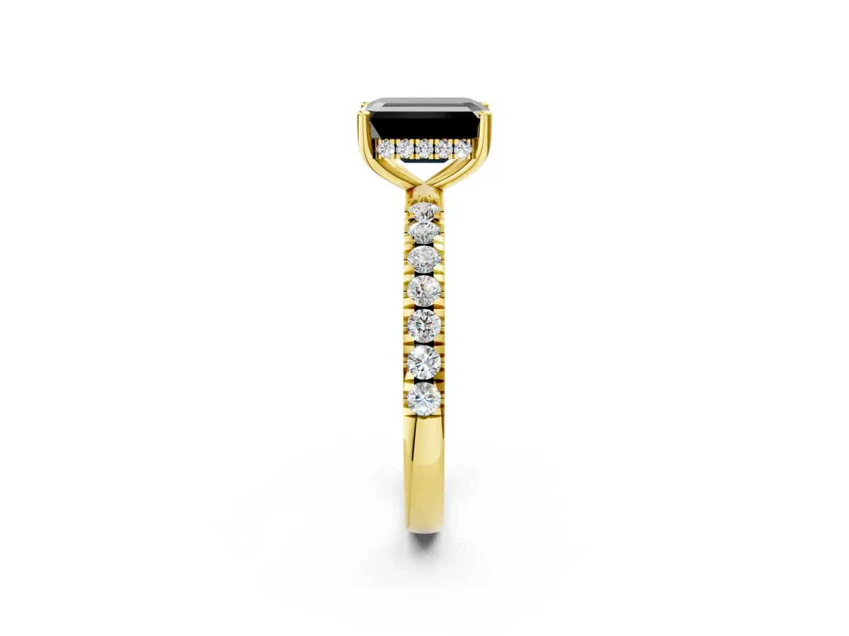 Fancy Black Emerald Cut Diamond Pave Band Solitaire Ring with Round and Prong Setting Yellow gold