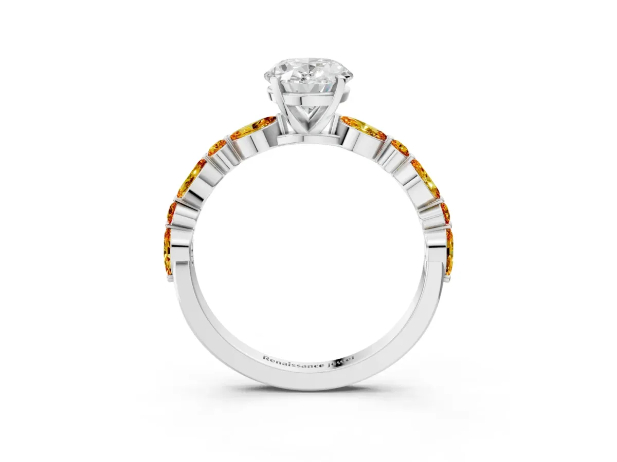 Oval Cut Diamond Ring with Marquise and Round Citrine Side Stones and Four-Prong Setting Silver