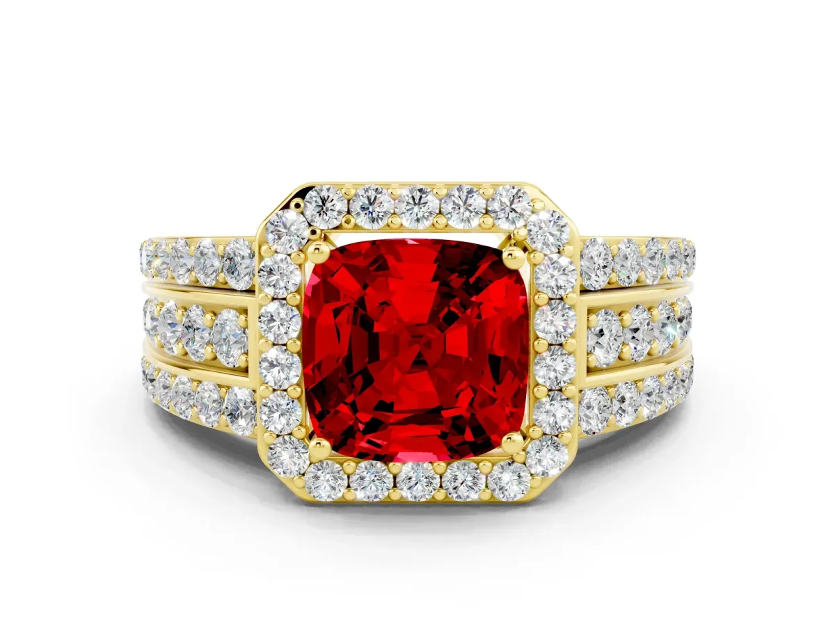 Cushion Cut Halo Ruby Ring with Round Split Shank and Prong Setting Yellow gold