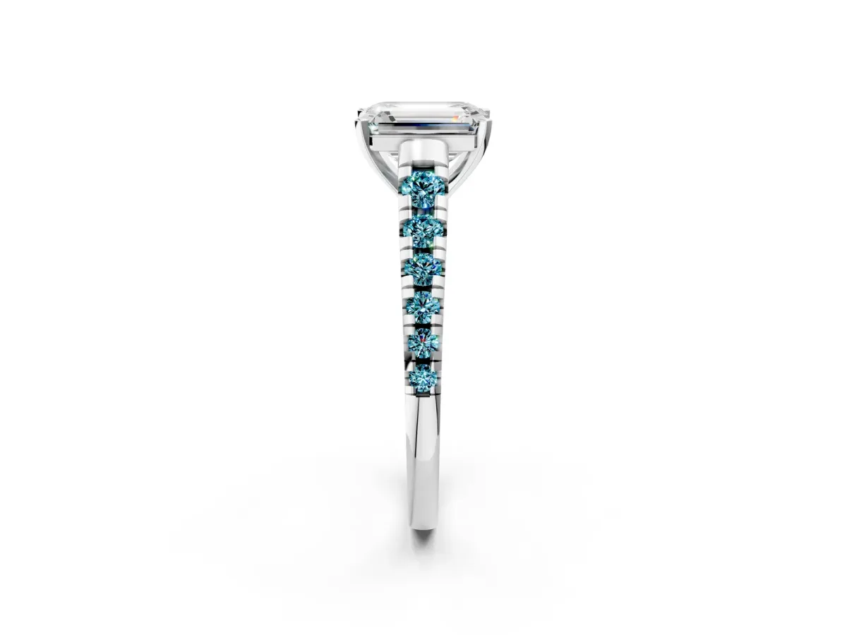 Emerald Cut Diamond Cathedral Solitaire Ring with Round Blue Topaz Pavé Band Platinum