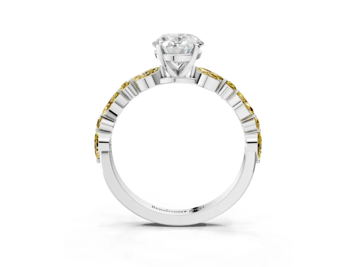 Oval Cut Diamond Ring with Marquise and Round Yellow Sapphire Side Stones and Four-Prong Setting Silver