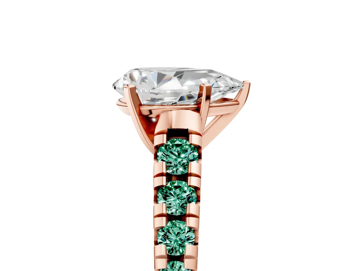 Pear Cut Diamond Cathedral Solitaire Ring with Round Green Sapphire Pavé Band Rose gold
