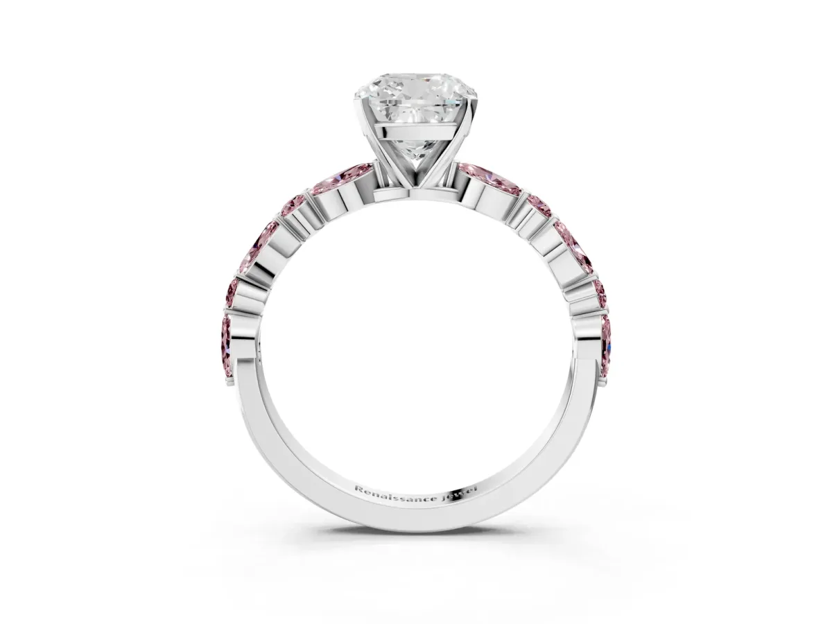 Cushion Cut Diamond Ring with Marquise and Round Morganite Side Stones and Four-Prong Setting Silver