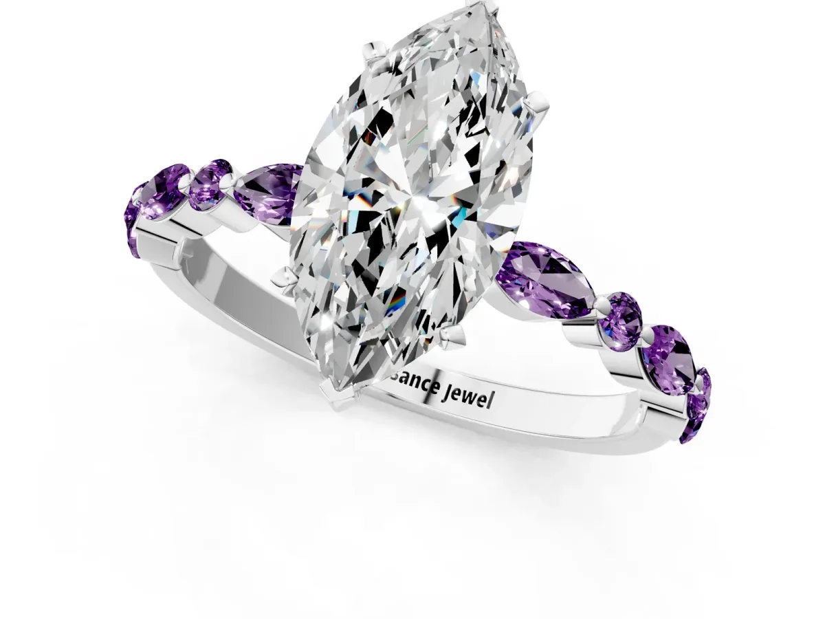 Marquise Cut Diamond Ring with Marquise and Round Amethyst Side Stones and Four-Prong Setting Silver